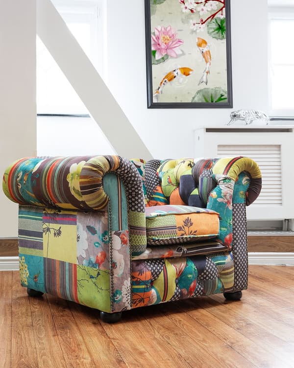 Chesterfield Lænestol Gul og Grøn 108 x 80 x 70 Bred Tyk Polstret Armstol Knap Tuftet Patchwork Moderne Barok stil Stue