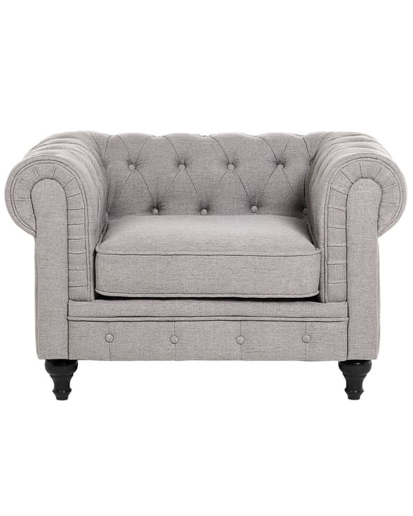 Chesterfield Lænestol Lysegrå Polyester med Sorte Træben 108 x 80 x 70 Bred Tyk Polstret Armstol Knap Tuftet Venetiansk Barok stil Stue Dekor