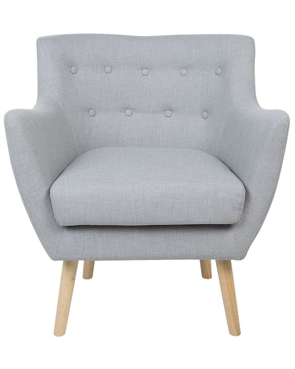 Lænestol Grå Polstret med Lyst Træben 84 x 71 x 53.5 Knap Ryg Moderne Stil Stol med Armlæn Design til Stue Indretning Soveværelse Tilbehør