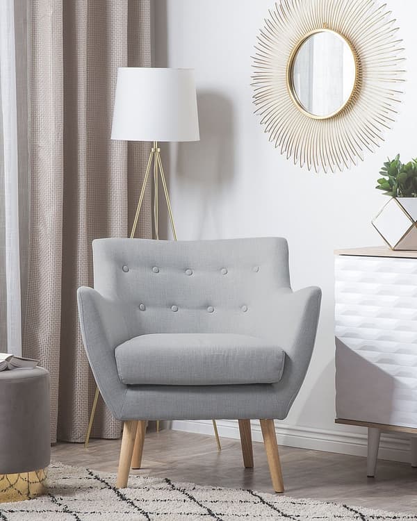 Lænestol Grå Polstret med Lyst Træben 84 x 71 x 53.5 Knap Ryg Moderne Stil Stol med Armlæn Design til Stue Indretning Soveværelse Tilbehør