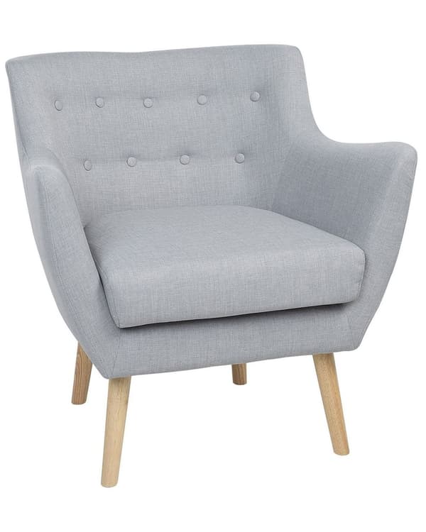 Lænestol Grå Polstret med Lyst Træben 84 x 71 x 53.5 Knap Ryg Moderne Stil Stol med Armlæn Design til Stue Indretning Soveværelse Tilbehør