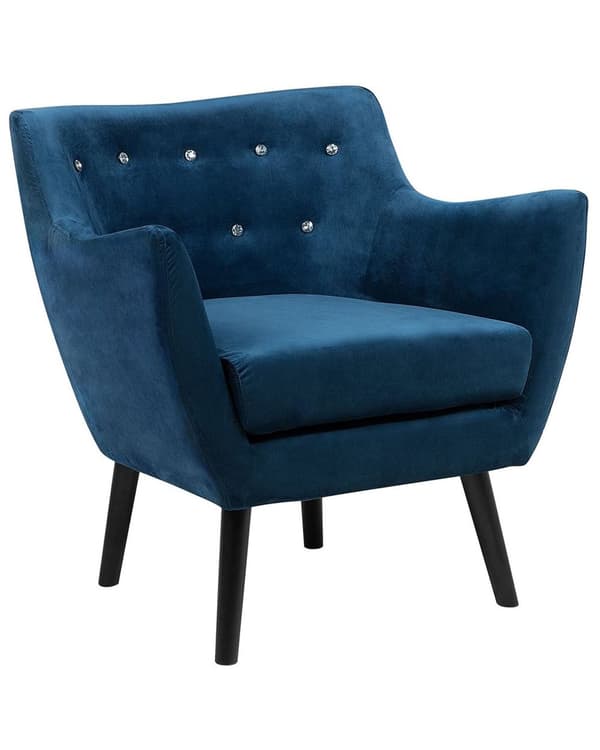 Lænestol Blå Velour med Lys Træben 84 x 71 x 53.5 Knap Tuftet Ryg Moderne Stil Stol med Armlæn Design til Stue Indretning Soveværelse Tilbehør