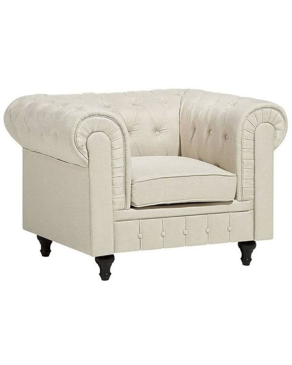 Fåtölj Chesterfield Beige Tyg Tuftad Mörka Träben Modern
