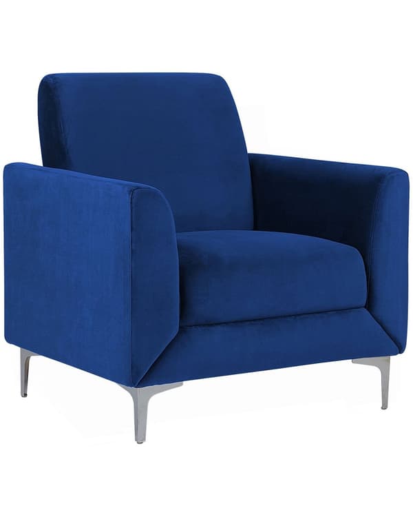 Lænestol Blå Velour Stof og Sølv Krom Metalben 75 x 89 x 90 cm Dekorativ Blød Polstret Dyb Hvilestol Klassisk Retro Moderne Stil Stue Tilbehør