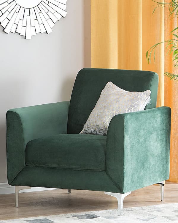 Lænestol Grøn Velour Stof og Sølv Krom Metalben 75 x 89 x 90 cm Dekorativ Blød Polstret Dyb Hvilestol Klassisk Retro Moderne Stue Tilbehør