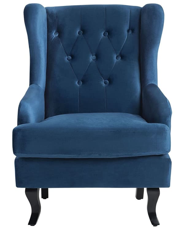 Lænestol Mørkeblå Velour Sort Gummitræ Tuftet Polstring Øreklapstol Chesterfield Mønster Retro Traditionel Stue Soveværelse