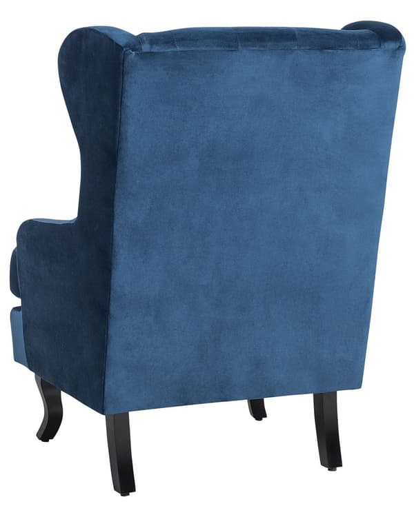 Lænestol Mørkeblå Velour Sort Gummitræ Tuftet Polstring Øreklapstol Chesterfield Mønster Retro Traditionel Stue Soveværelse