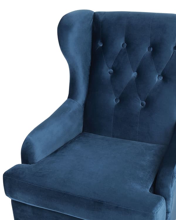 Lænestol Mørkeblå Velour Sort Gummitræ Tuftet Polstring Øreklapstol Chesterfield Mønster Retro Traditionel Stue Soveværelse