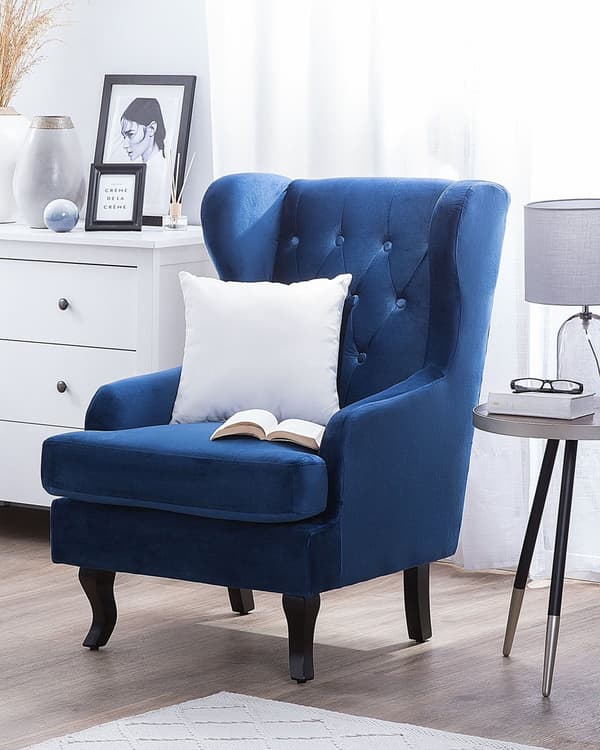 Lænestol Mørkeblå Velour Sort Gummitræ Tuftet Polstring Øreklapstol Chesterfield Mønster Retro Traditionel Stue Soveværelse