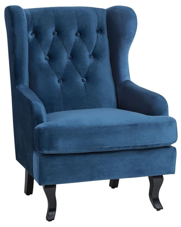 Lænestol Mørkeblå Velour Sort Gummitræ Tuftet Polstring Øreklapstol Chesterfield Mønster Retro Traditionel Stue Soveværelse