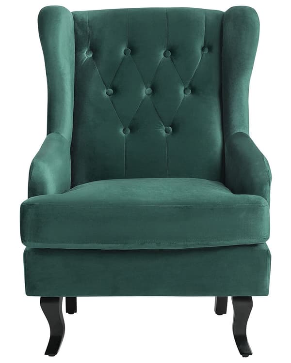 Lænestol Mørkegrøn Velour Sort Gummitræ Tuftet Polstring Øreklapstol Chesterfield Mønster Retro Traditionel Stue Soveværelse Hjemmekontor