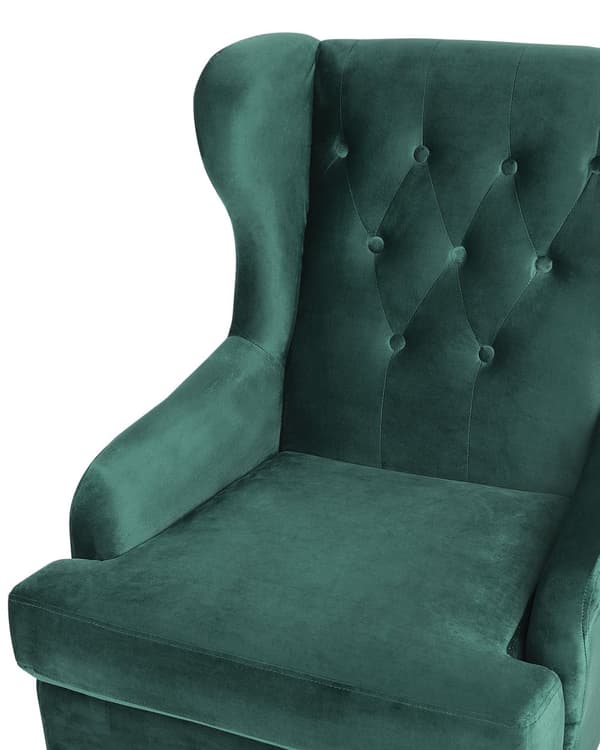 Lænestol Mørkegrøn Velour Sort Gummitræ Tuftet Polstring Øreklapstol Chesterfield Mønster Retro Traditionel Stue Soveværelse Hjemmekontor