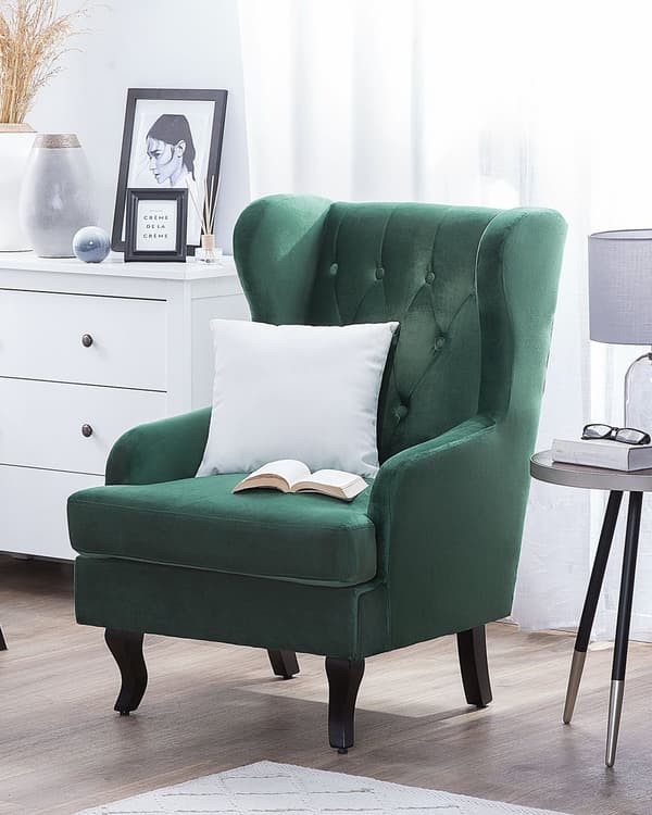 Lænestol Mørkegrøn Velour Sort Gummitræ Tuftet Polstring Øreklapstol Chesterfield Mønster Retro Traditionel Stue Soveværelse Hjemmekontor