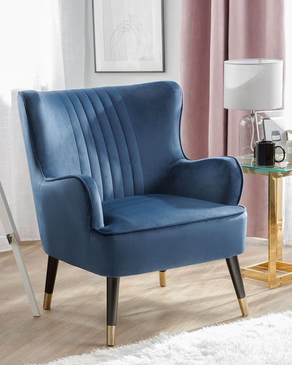 Nojatuoli tummansininen sametti verhoiltu metalli pystytikattu selkänoja glamour retro tyyli