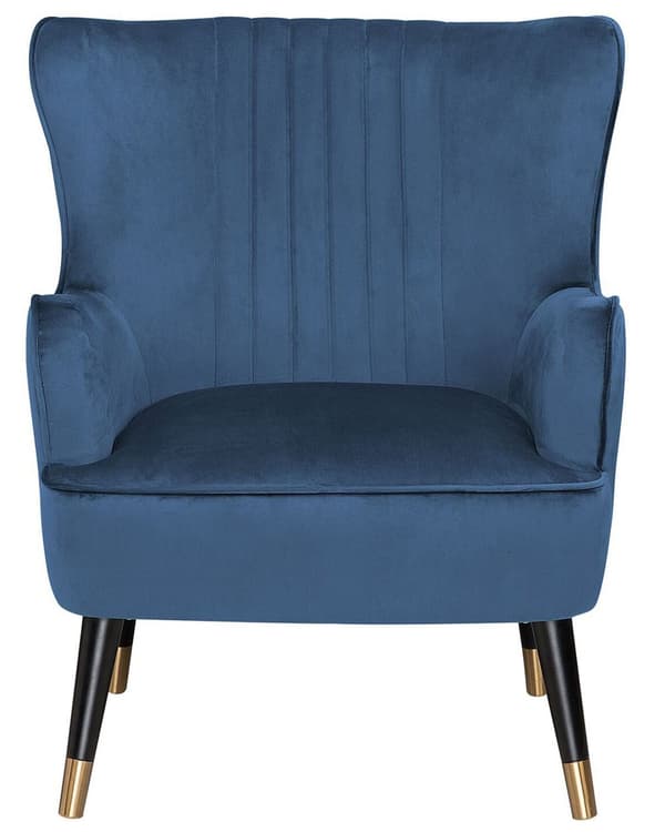 Mørkeblå wingback lænestol velour højt ribbet ryglæn dekorative retro ben