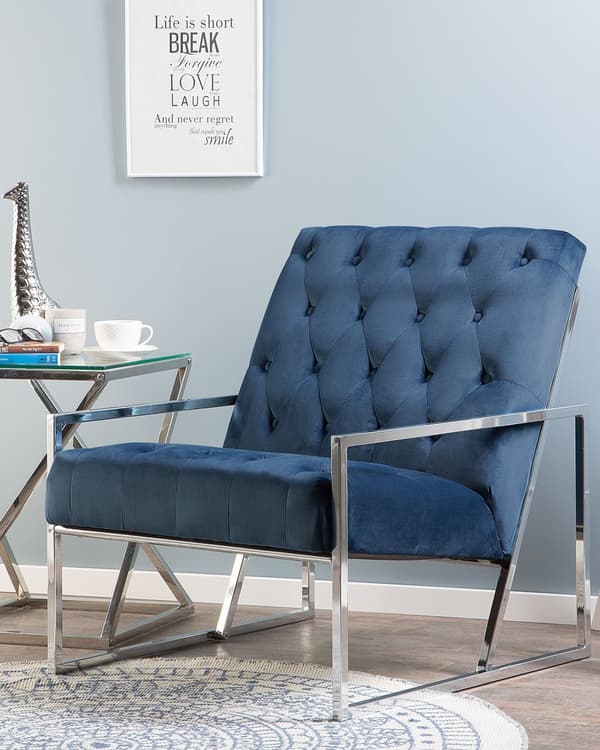 Fåtölj Mörkblå Sammet Tuftad Ryggstöd Metallram Modern Glam