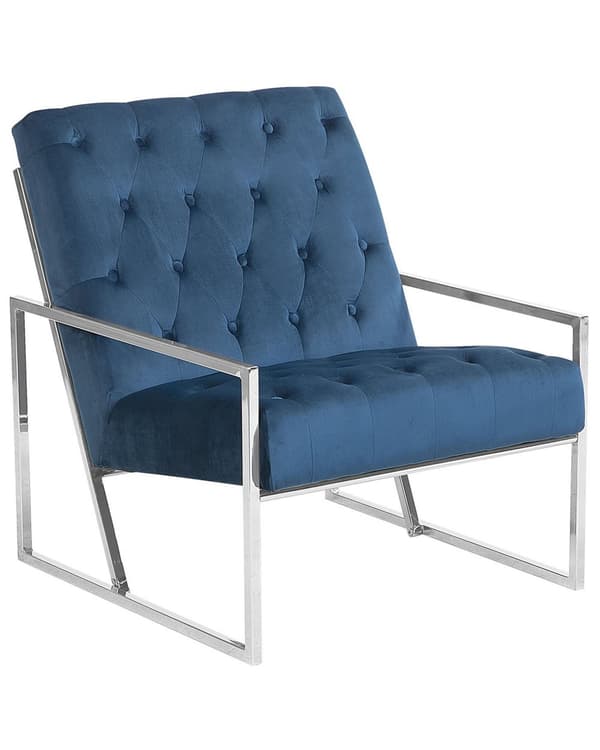 Blå Fløjlslænestol Sølvfløjl Metalstel Quiltet Ryglæn og Cocktaillounge Glamoursæde