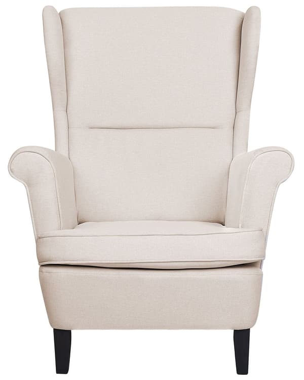 Øreklapstol lys beige Polyester Nylon Stof med Skumfyld Brun Gummitræ ben 102 x 63 x 74 cm Polstret blød Valsede Arme Retro Stil Top Kvalitet