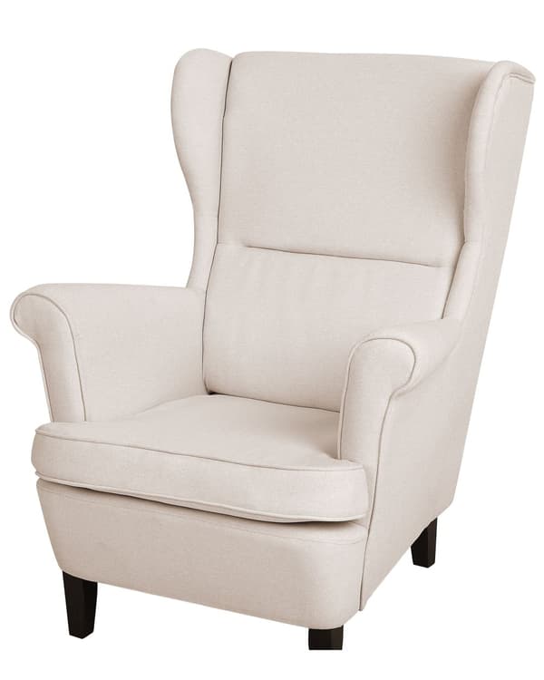 Øreklapstol lys beige Polyester Nylon Stof med Skumfyld Brun Gummitræ ben 102 x 63 x 74 cm Polstret blød Valsede Arme Retro Stil Top Kvalitet
