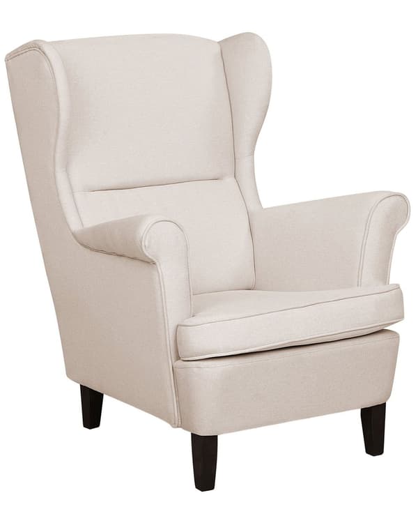 Øreklapstol lys beige Polyester Nylon Stof med Skumfyld Brun Gummitræ ben 102 x 63 x 74 cm Polstret blød Valsede Arme Retro Stil Top Kvalitet