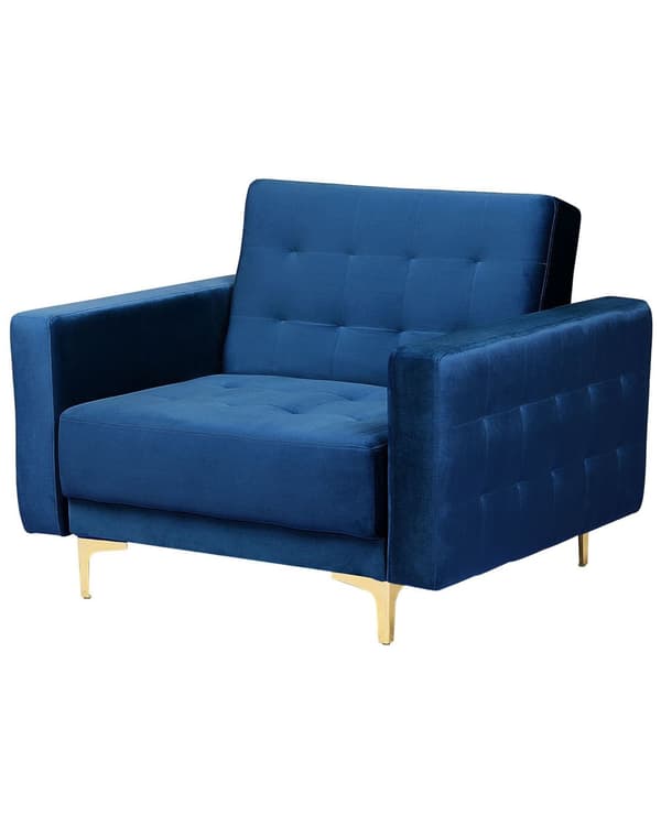 Lænestol Blå Velour Skumfyld og Guld Krom Metalben 106 x 88 x 83 cm Klassisk Moderne Ottoman Tuftet Klik Klak modul Sovefunktion Stue dekor