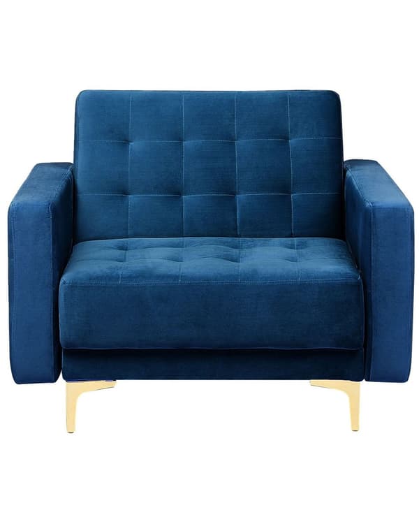 Lænestol Blå Velour Skumfyld og Guld Krom Metalben 106 x 88 x 83 cm Klassisk Moderne Ottoman Tuftet Klik Klak modul Sovefunktion Stue dekor