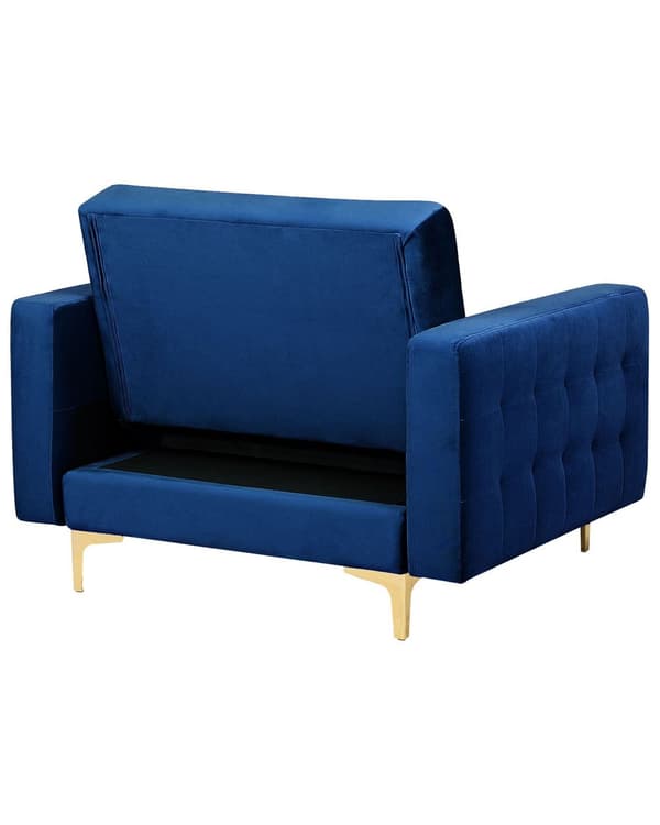 Lænestol Blå Velour Skumfyld og Guld Krom Metalben 106 x 88 x 83 cm Klassisk Moderne Ottoman Tuftet Klik Klak modul Sovefunktion Stue dekor