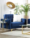 Miniatyrbillede 2 af 9: Lænestol Blå Velour Skumfyld og Guld Krom Metalben 106 x 88 x 83 cm Klassisk Moderne Ottoman Tuftet Klik Klak modul Sovefunktion Stue dekor