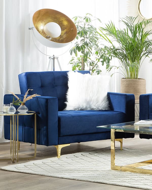 Lænestol Blå Velour Skumfyld og Guld Krom Metalben 106 x 88 x 83 cm Klassisk Moderne Ottoman Tuftet Klik Klak modul Sovefunktion Stue dekor