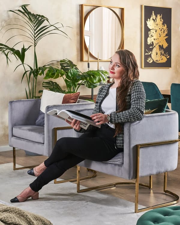 Lænestol Grå Velour Gylden Metal Stel Rund Ryg Glamourøs Stil