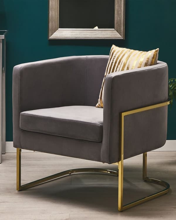 Lænestol Grå Velour Gylden Metal Stel Rund Ryg Glamourøs Stil