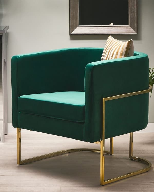 Fåtölj Grön Sammet Guldfärgad Metallram Rund Ryggstöd Glam Stil