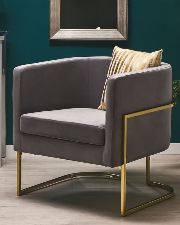 Fåtölj Grå Sammet Guldfärgad Metallram Rund Ryggstöd Glam Stil