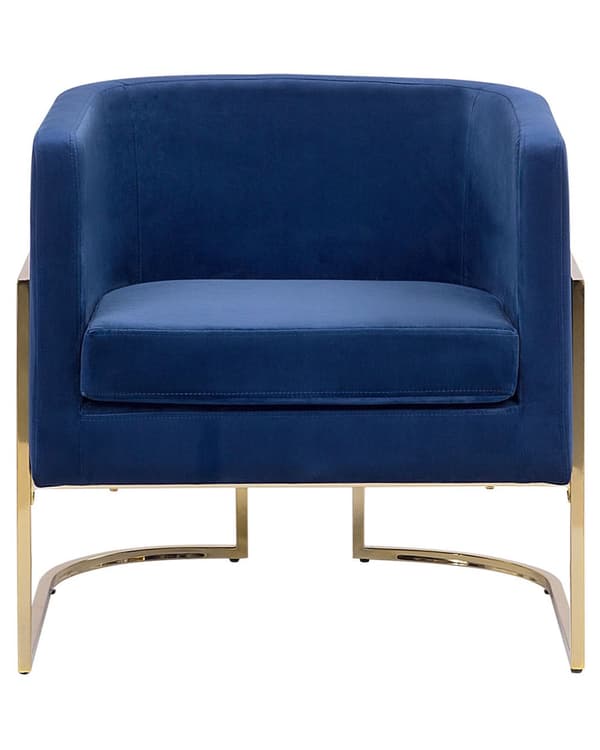 Nojatuoli tummansininen sametti verhoilu rautajalat pyöreä matala glamour retro tyyli