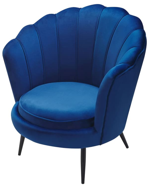 Nojatuoli laivastonsininen samettiverhoilu metallijalat simpukkamuoto tikattu retro glamour