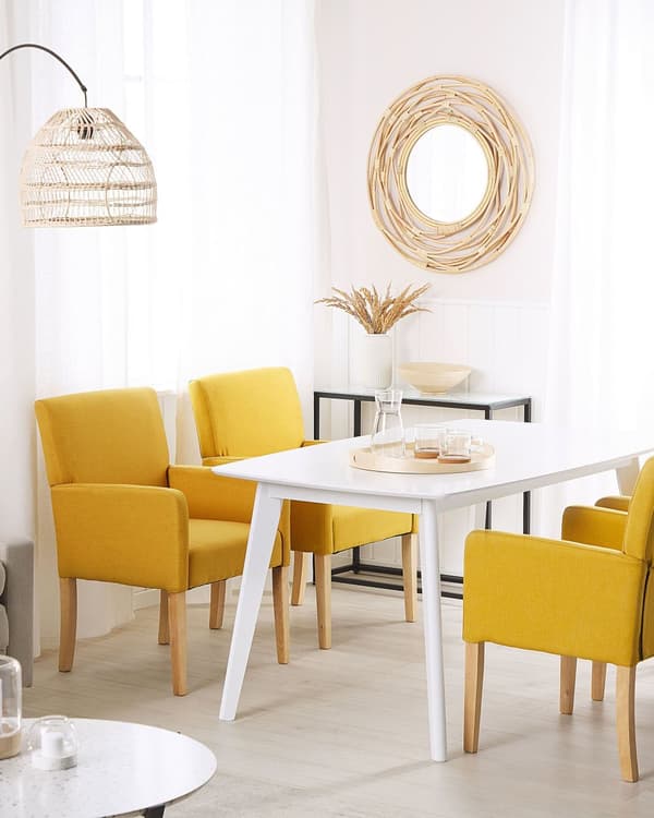 Tuoli keltainen 60 x 89 x 62 cm kangasverhoilu kumipuu käsinojat ruskeat jalat