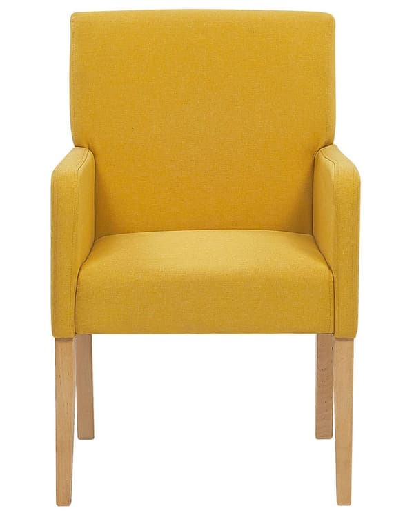 Tuoli keltainen 60 x 89 x 62 cm kangasverhoilu kumipuu käsinojat ruskeat jalat