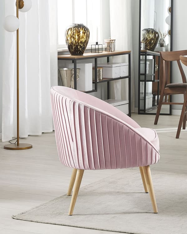 Lænestol Rosa Velour Forsænket Arme Træben Retro Stil