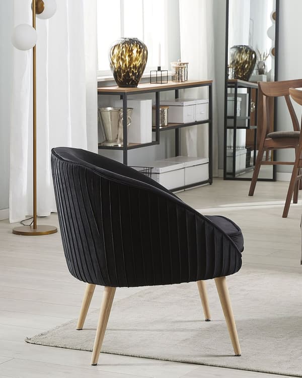 Lænestol Sort Velour Forsænket Arme Træben Retro Stil