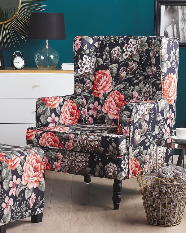 Fåtölj med Fotpall Svart Tyg Blommig Träben Öronlappsfåtölj