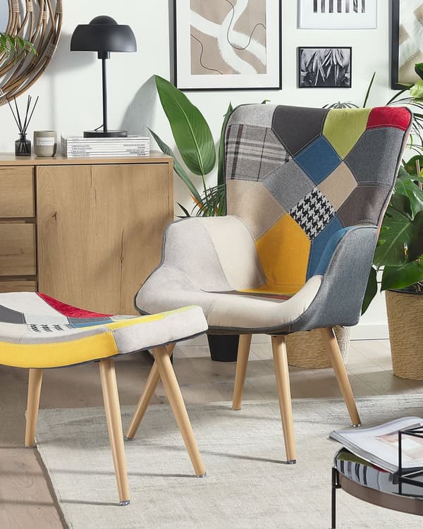 Fåtölj med Fotpall Flerfärgad Tyg Lappteknik Dekorativa Knappar Modern Stil