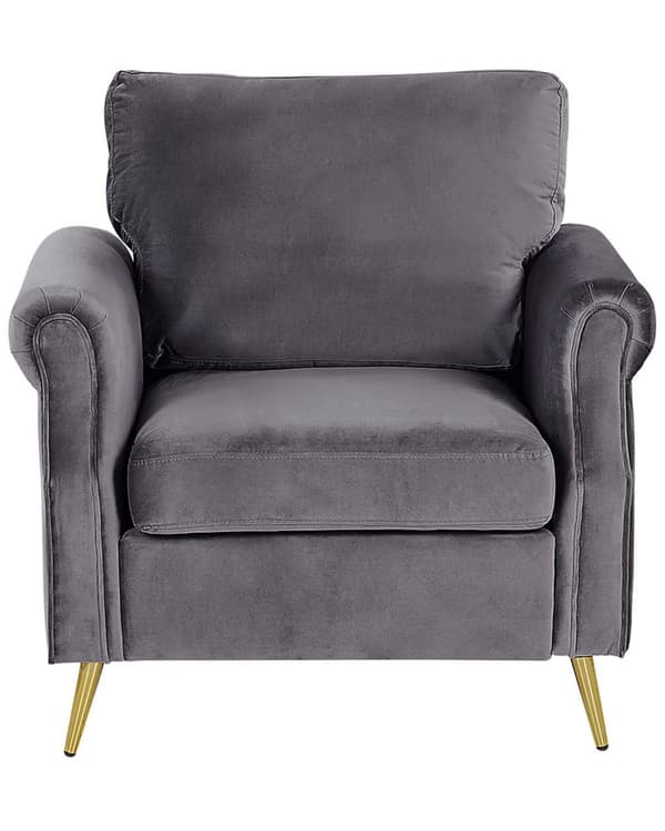 Fåtölj Grå Sammet Klädsel Guldfärgade Metallben Avtagbara Sitt- och Ryggkuddar Retro Glam