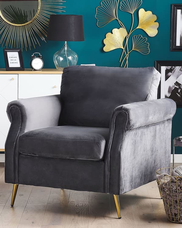 Fåtölj Grå Sammet Klädsel Guldfärgade Metallben Avtagbara Sitt- och Ryggkuddar Retro Glam