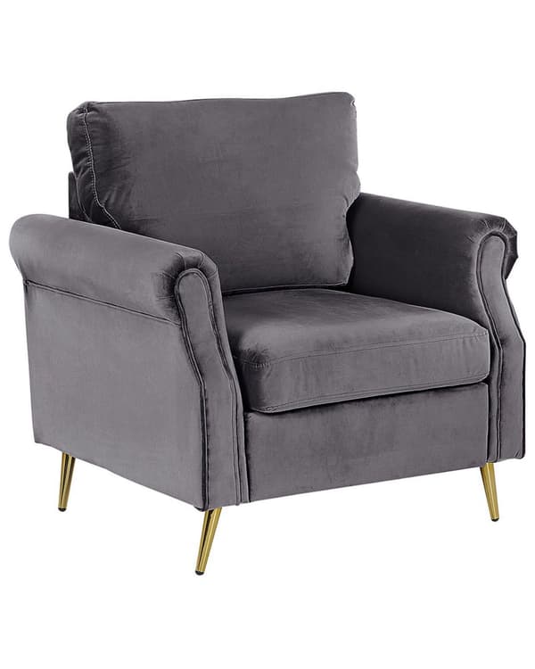 Fåtölj Grå Sammet Klädsel Guldfärgade Metallben Avtagbara Sitt- och Ryggkuddar Retro Glam