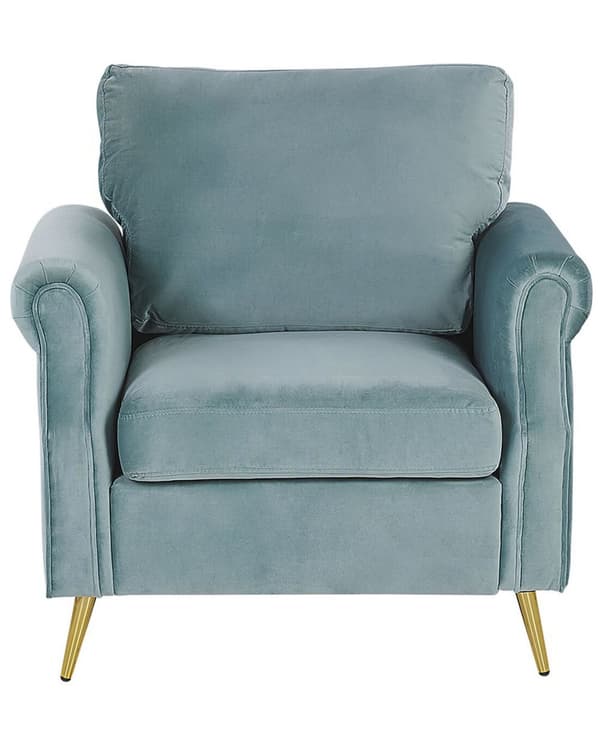 Lænestol Mintgrøn Velour Stof Polstring Guld Metal Ben Aftagelige Sæde og Rygpuder Retro Glamourøs Stil