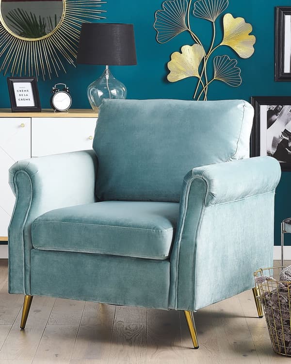 Lænestol Mintgrøn Velour Stof Polstring Guld Metal Ben Aftagelige Sæde og Rygpuder Retro Glamourøs Stil