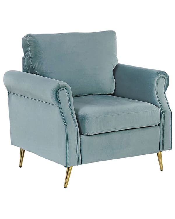 Lænestol Mintgrøn Velour Stof Polstring Guld Metal Ben Aftagelige Sæde og Rygpuder Retro Glamourøs Stil