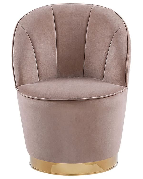Lænestol Lys Beige Velour Skumfyld og Guld Blank Metalbase 72 x 61 cm Rund Blød Glamourøs Klub Oppustet Stil Høj Komfort Kvalitet