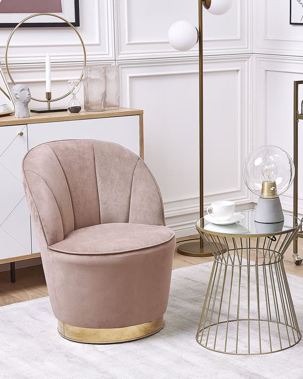 Lænestol Lys Beige Velour Skumfyld og Guld Blank Metalbase 72 x 61 cm Rund Blød Glamourøs Klub Oppustet Stil Høj Komfort Kvalitet