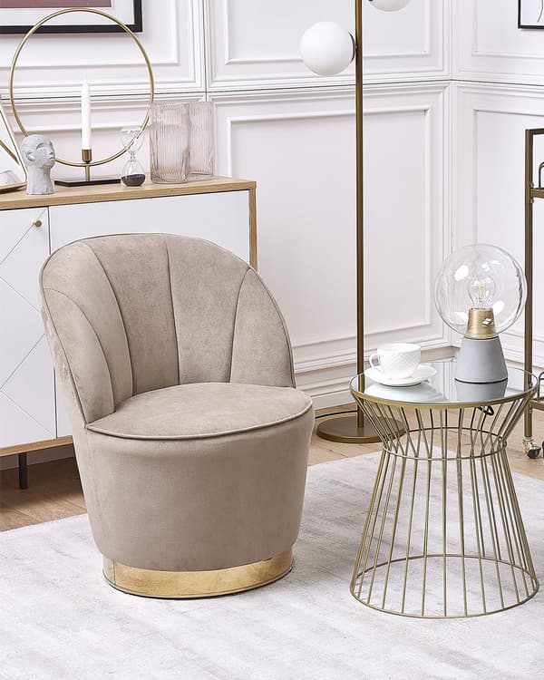 Lænestol Lys Beige Velour Skumfyld og Guld Blank Metalbase 72 x 61 cm Rund Blød Glamourøs Klub Oppustet Stil Høj Komfort Kvalitet